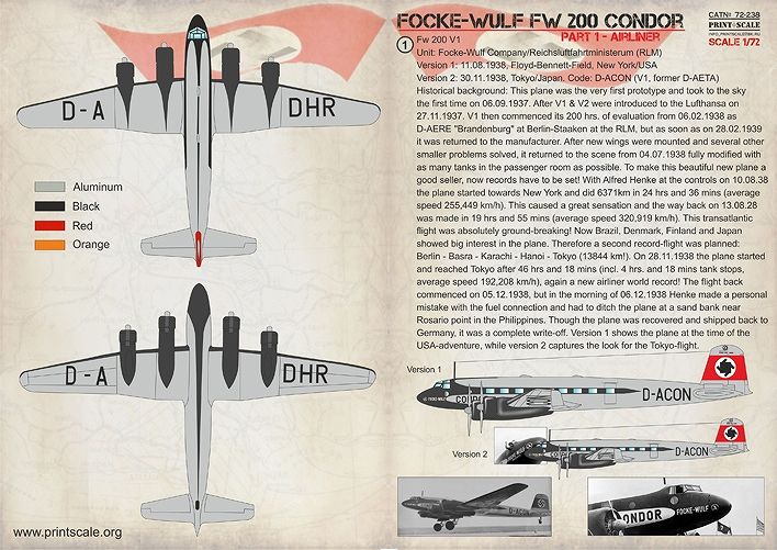 72238 フォッケウルフ Fw200 コンドル Pt.1 エアライナー|飛行機用デカール|飛行機
