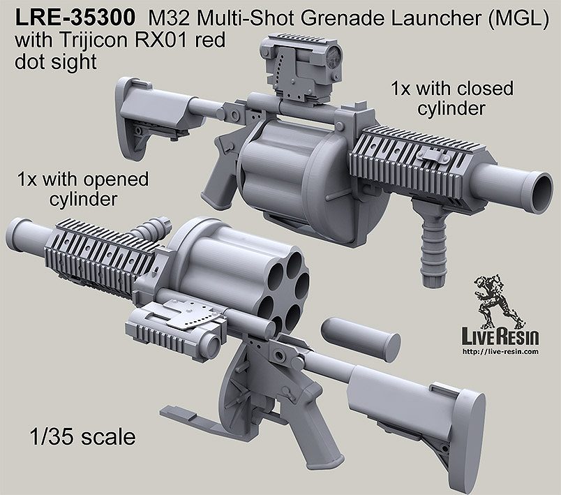 LRE-35300 M32 Multi-Shot Grenade Launcher (MGL) with Trijicon RX01 red dot sight, closed and opened 