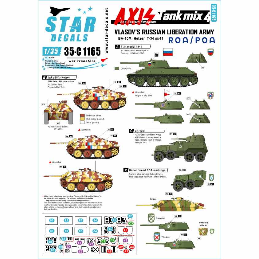 35-C1165 枢軸軍に参加した東ヨーロッパの戦車＃4 ロシア解放軍の戦車 T-34と BA-10Mほか|AFV用デカール|AFV