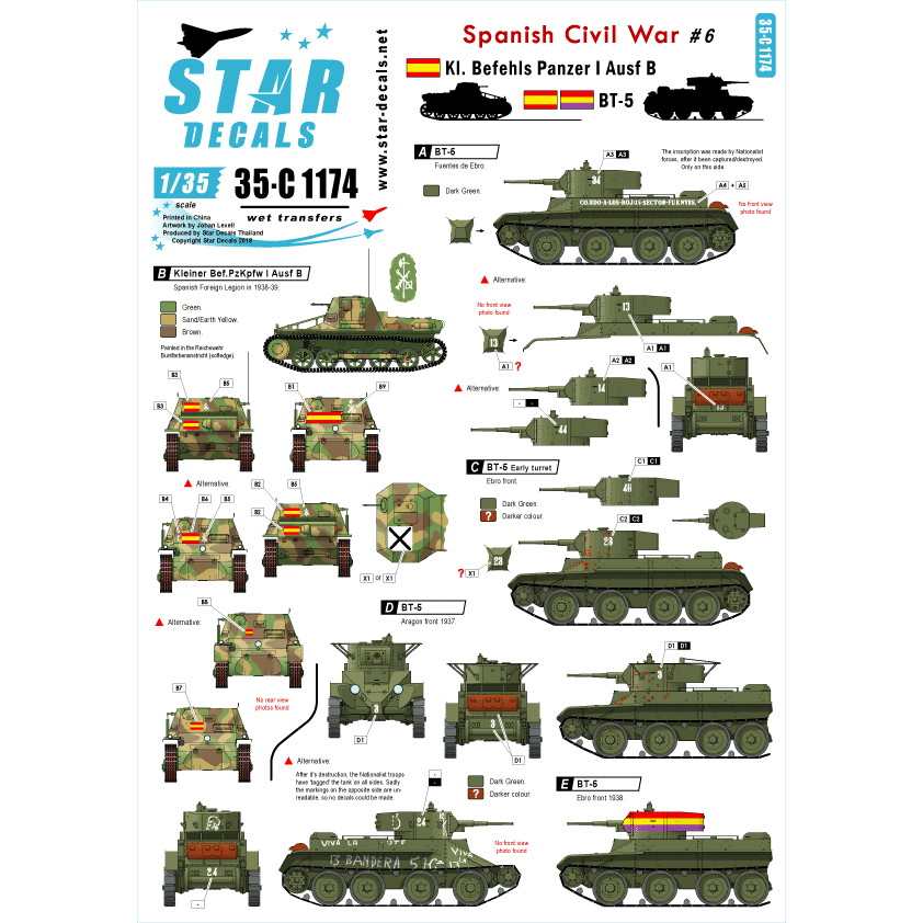 35-C1174 WWII 西班 スペイン内戦 #6 ナショナリストのI号戦車と共和派のBT-5のマーキングmarkings.|AFV用デカール|AFV