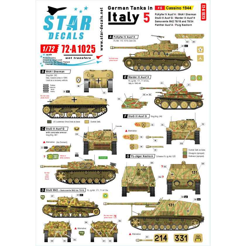 72-A1025 WWII 独 イタリア戦線のドイツ戦車＃5 カッシーノの戦い1944年|AFV用デカール|AFV