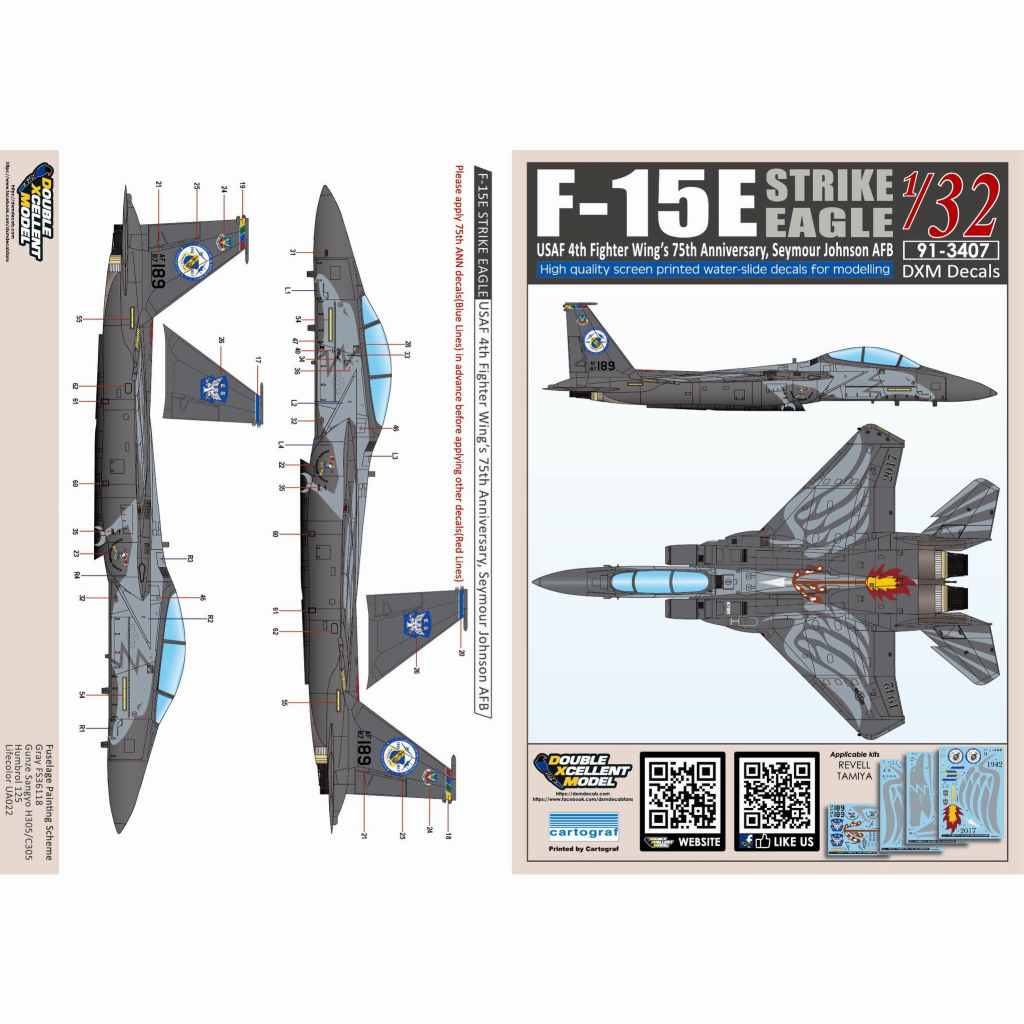 91-3407 アメリカ空軍 マクドネル・ダグラス F-15E ストライクイーグル 第4戦闘航空団 75周年記念塗装|飛行機用デカール|飛行機