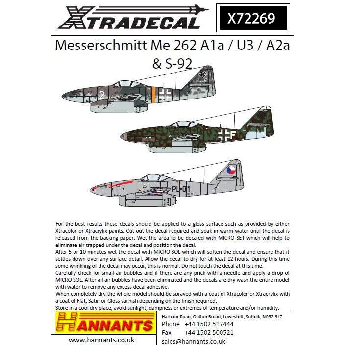 X72269 メッサーシュミット Me262A1a/U3/A2a & アヴィア S-92|飛行機用デカール|飛行機