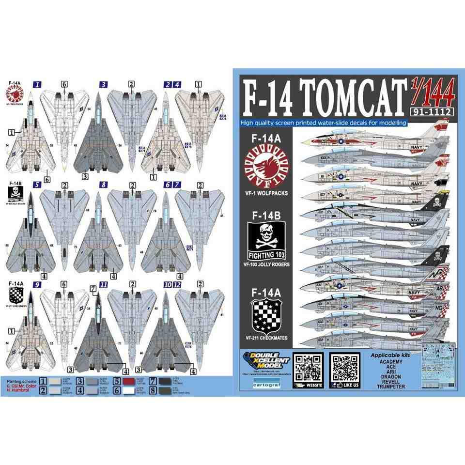 91-1112 1/144 アメリカ海軍 F-14A トムキャット VF-1 ウルフパック/VF-103 ジョリーロジャース/VF-211 チェックメイツ|飛行機用デカール|飛行機