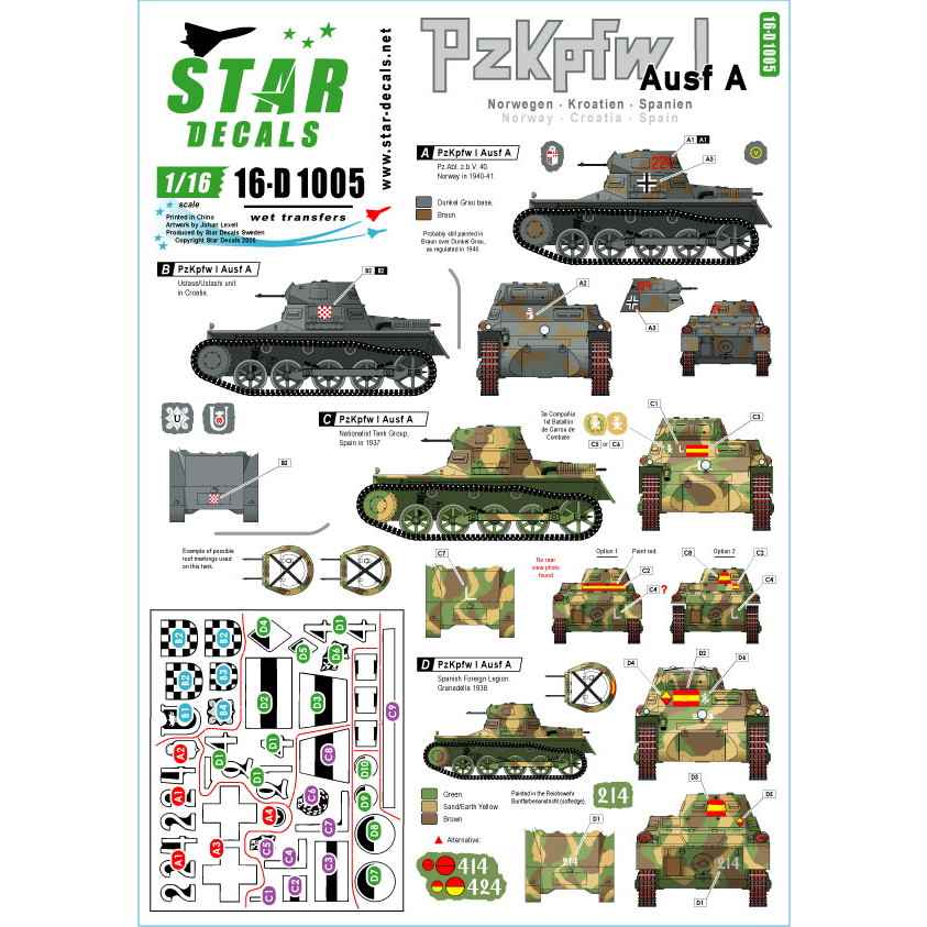 16-D1005 WWII 独/西 I号戦車A型 スペイン内戦 ノルウェーヴェーザー演習作戦 クロアチア/ウスタシャ|AFV用デカール|AFV