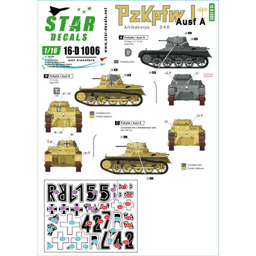 16-D1006 WWII 独 I号戦車A型 北アフリカ戦線のドイツアフリカ軍団(DAK)|AFV用デカール|AFV