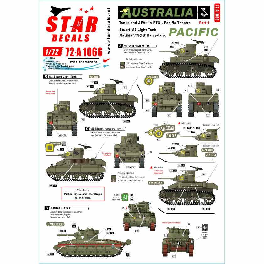 72-A1066 WWII 豪 太平洋戦線のオーストラリア軍＃1 オーストラリア軍のM3スチュアートとマチルダ火炎放射戦車|AFV用デカール|AFV