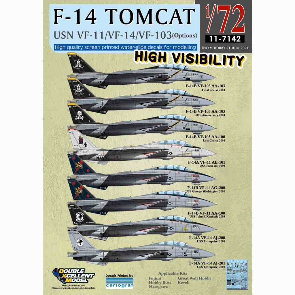 11-7142 アメリカ海軍 F-14A/B トムキャット VF-11/VF-14/VF-103 ハイビジ|飛行機用デカール|飛行機