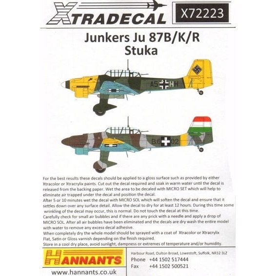 X72223 ユンカース Ju87B/K/R スツーカ|飛行機用デカール|飛行機