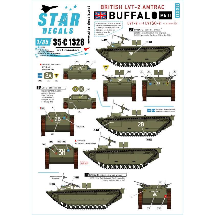 35-C1328 1/35 WWII 英 イギリス軍LVT-2バッファローMkII LVT-2およびLVT(A)-2 ワルヘレン上陸とナイメーヘンからライン川交差点まで|AFV用デカール|AFV