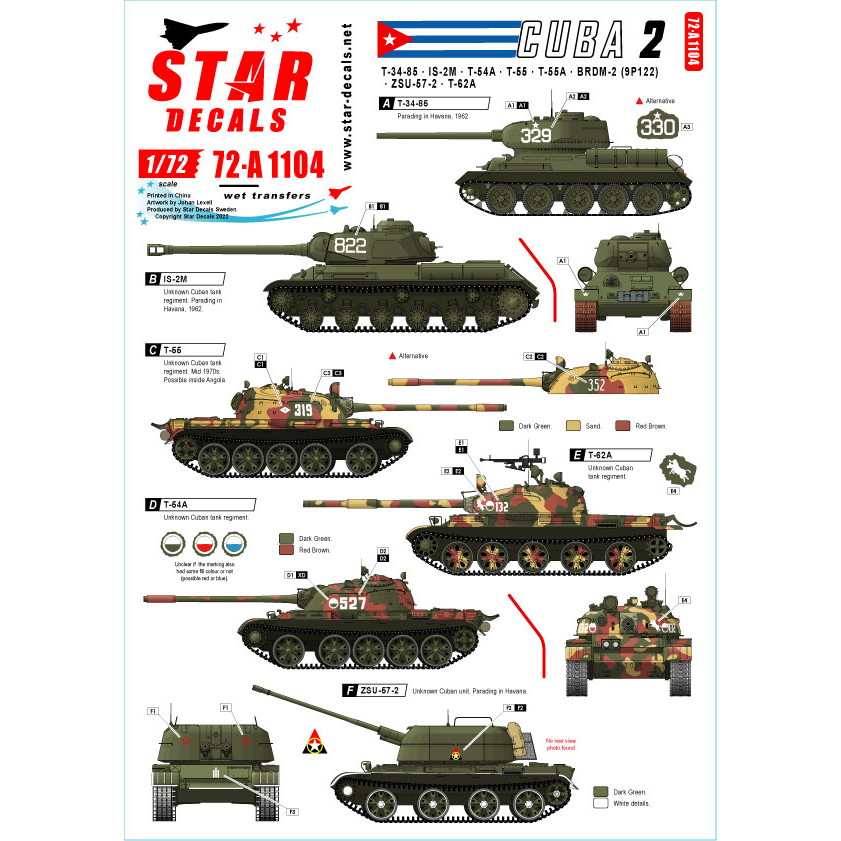 72-A1104 1/72 現用 キューバ軍の戦車とAFV＃2 T-34/85 IS-2M T-54A/55/62A ZSU-57-2 BRDM-2(9P122)|AFV用デカール|AFV