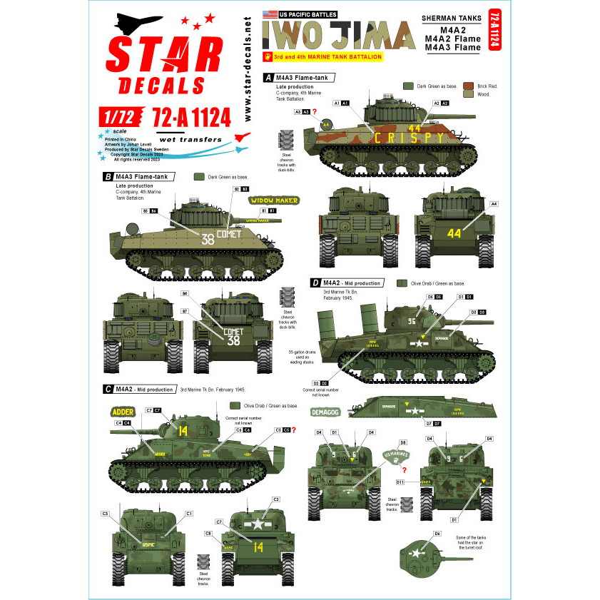 72-A1124 1/72 WWII アメリカ 太平洋戦線 硫黄島の戦い アメリカ海兵隊M4A2シャーマン戦車/M4A2火炎放射戦車/M4A3火炎放射戦車|AFV用デカール|AFV