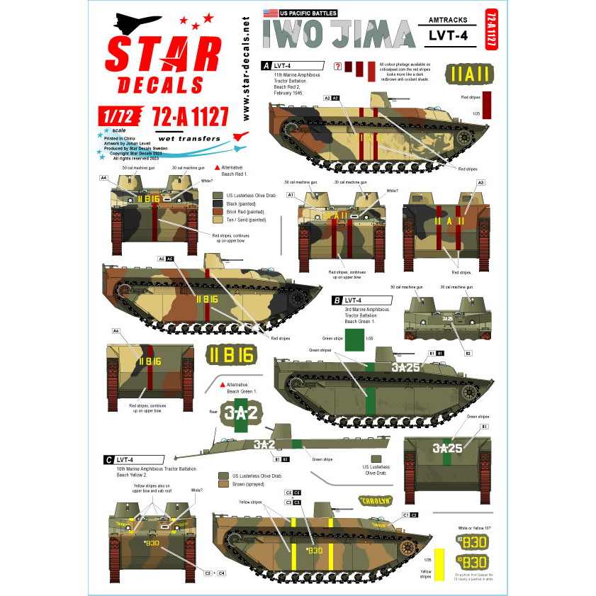 水陸両用強襲車両LVT-4ミリタリー　ヴィンテージ　転写紙　転写シート 72-A1127 1/72 WWII アメリカ 太平洋戦線 硫黄島の戦い アメリカ海兵隊