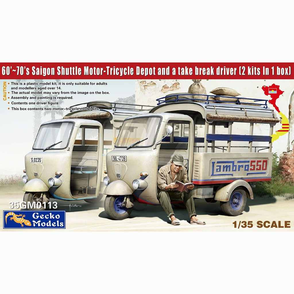 35GM0113 1/35 サイゴン ランブロ550 シャトル 三輪自動車w/休憩中の運転手 1960-70年代（2両セット、フィギュア1体）|大戦後のAFVモデル|AFV