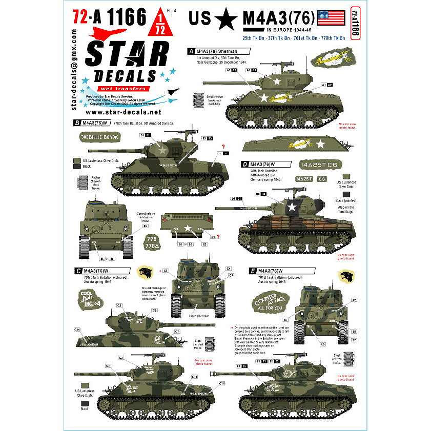 72-A1166 1/72 WWII アメリカ ヨーロッパのM4A3(76)シャーマン 1944-45
