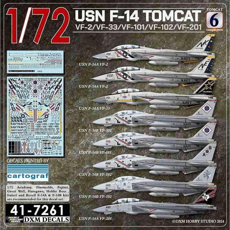 【再入荷】41-7261 1/72 アメリカ海軍 F-14 トムキャット VF-2/VF-33/VF-101/VF-102/VF-201|飛行機用デカール|飛行機