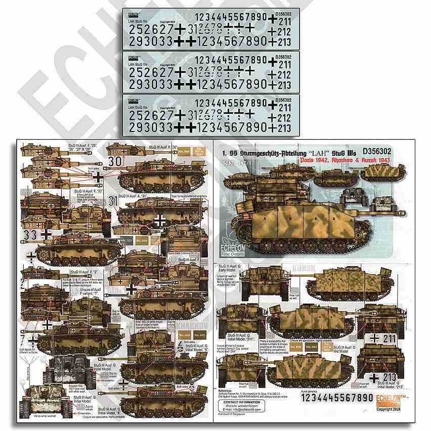 D356302 1/35 WWII ドイツ 第1SS装甲師団のIII号突撃砲A/F/G型 パリ/ハリコフ/クルスク|AFV用デカール|AFV