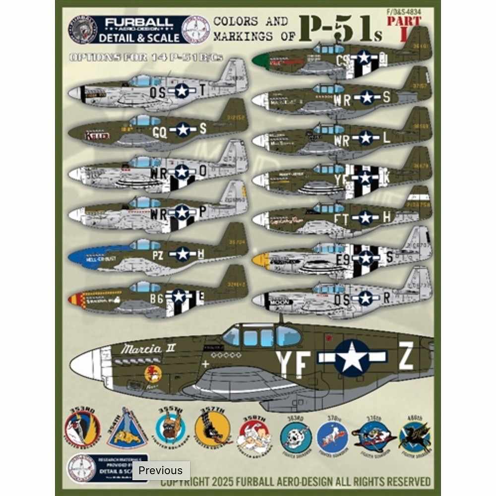 【新製品】ディテール&スケール F/D&S-4834 ノースアメリカン P-51 カラーズ&マーキング Part I|飛行機用デカール|飛行機