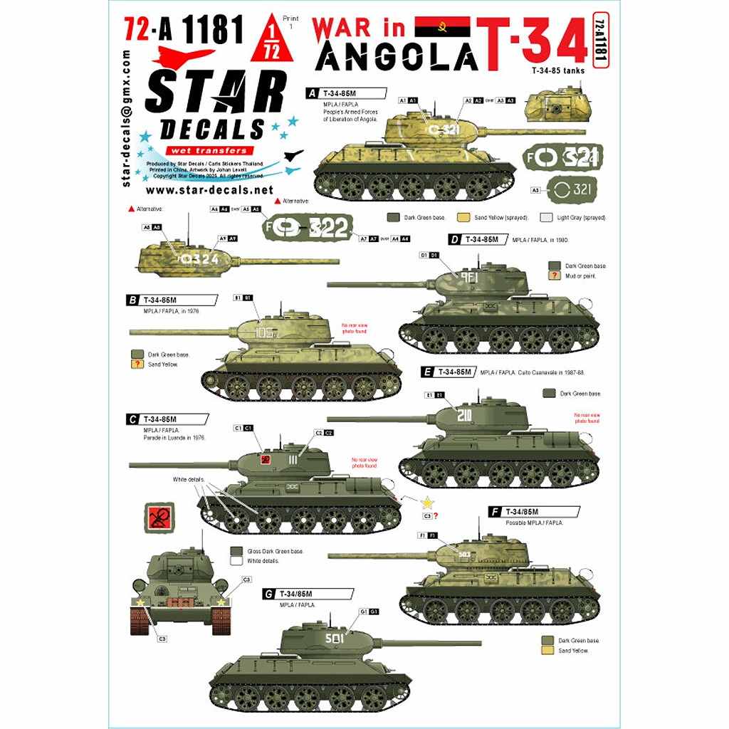 72-A1181 1/72 現用 アンゴラ内戦＃1 MPLA/FAPLAのT-34-85戦車 1970-80年代|AFV用デカール|AFV