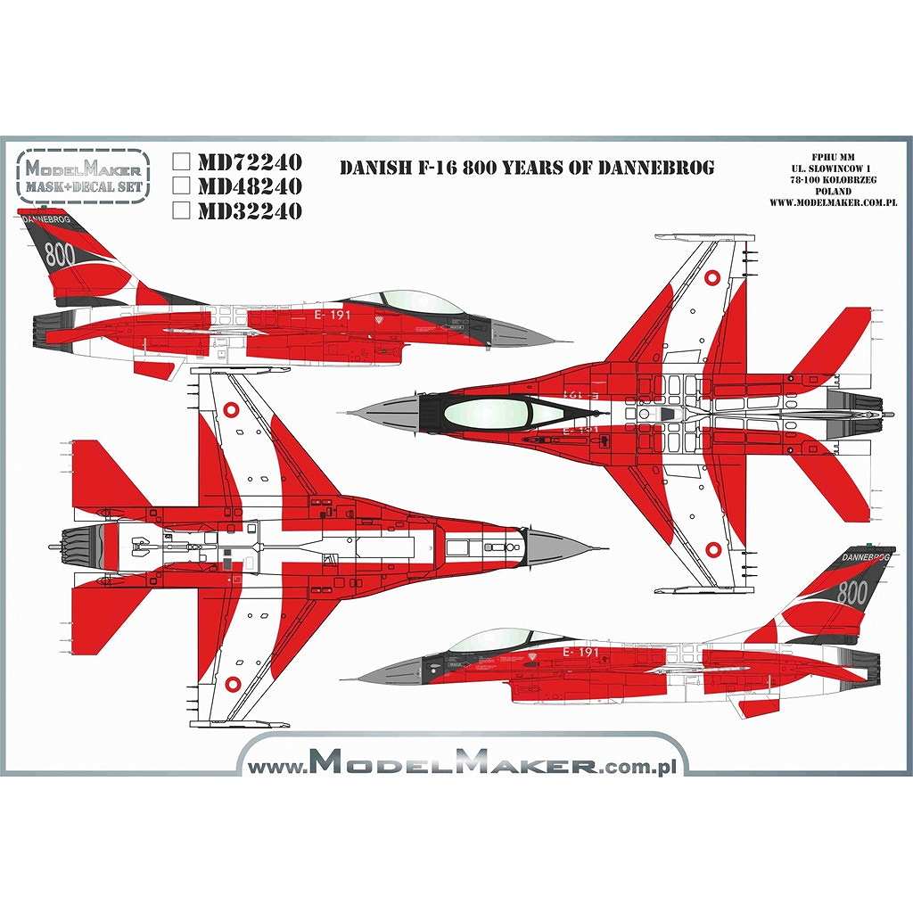 モデルメーカーデカール D48240 デンマーク空軍 F-16AM ダンネブロ(デンマークの国旗)800周年|飛行機用デカール|飛行機