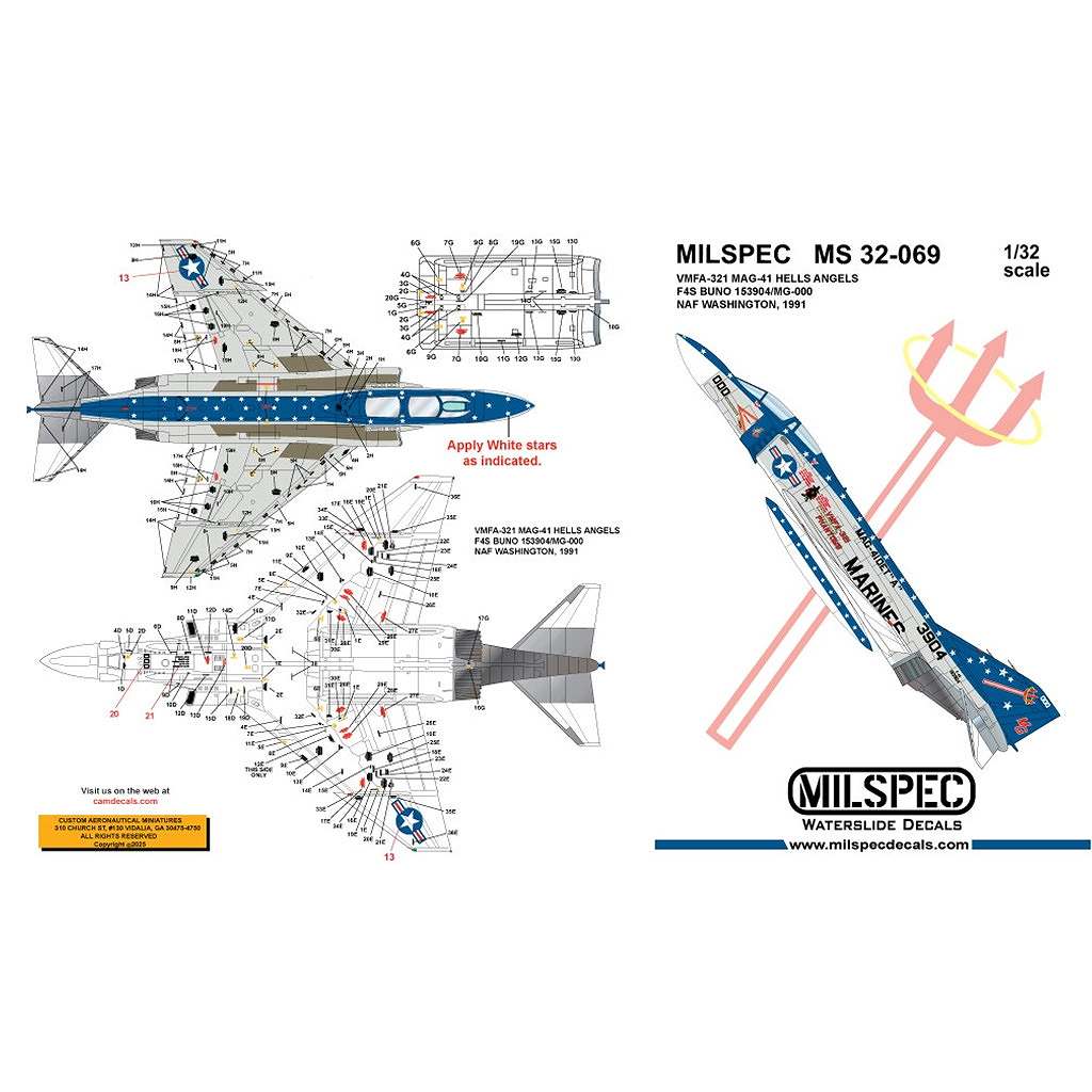 【新製品】32-069 1/32 アメリカ海兵隊 マクドネル・ダグラス F-4S ファントムII VMFA-321 ヘルズ・エンジェルス|飛行機用デカール|飛行機