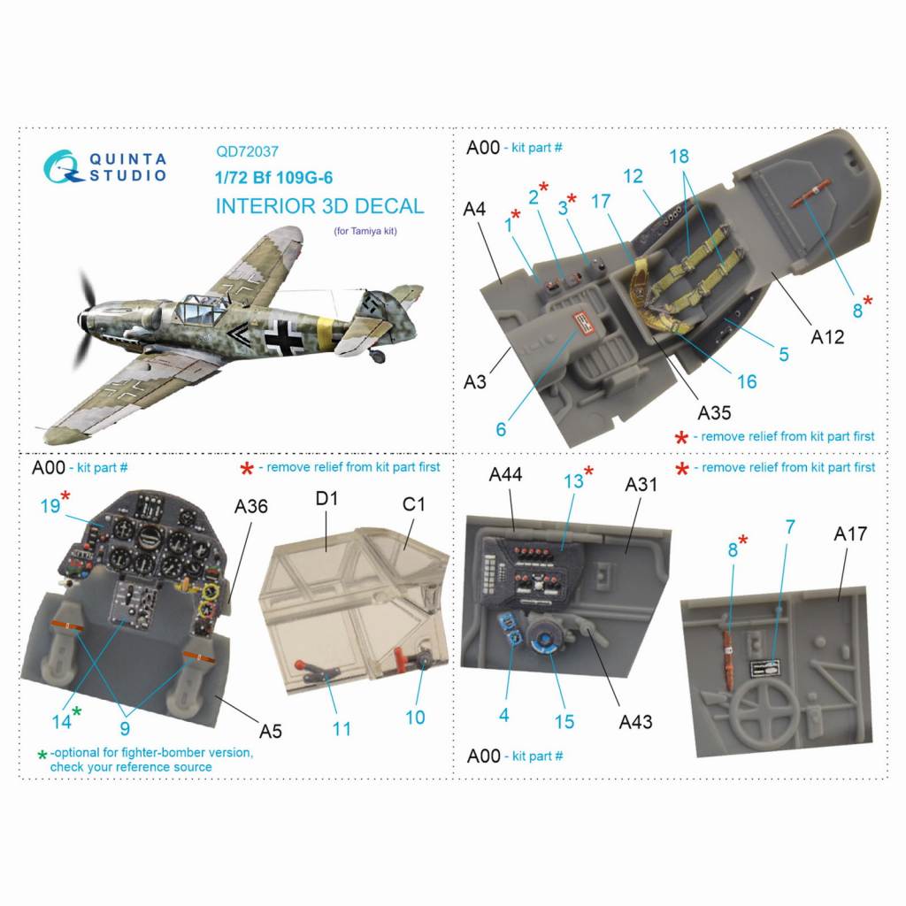 QD72037 1/72 メッサーシュミット Bf109G-6 内装カラー3Dデカール