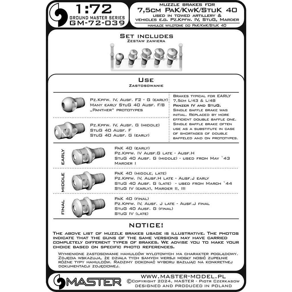 GM72-039 1/72 WWII �ɥ��� 7.5cm PaK/KwK/StuK 40�ѥޥ���֥졼�����å�(5��)