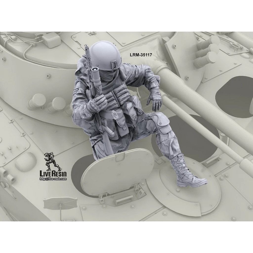 LRM-35117 Modern Russian soldier with AK-74 with GP launcher, riding on armor vehicle