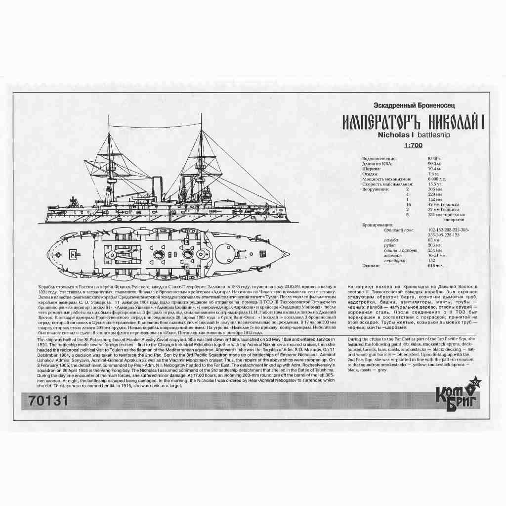 【未組立品】露海軍 インペラトール・アレクサンドル2世級戦艦 ニコライI世 70131 露海軍 インペラトール・アレクサンドル2世級戦艦 インペラ