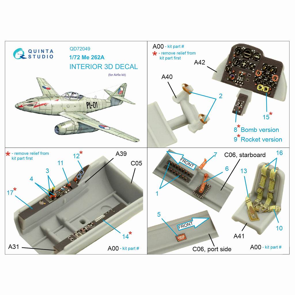 QD72049 1/72 メッサーシュミット Me262A シュワルベ 内装カラー3D