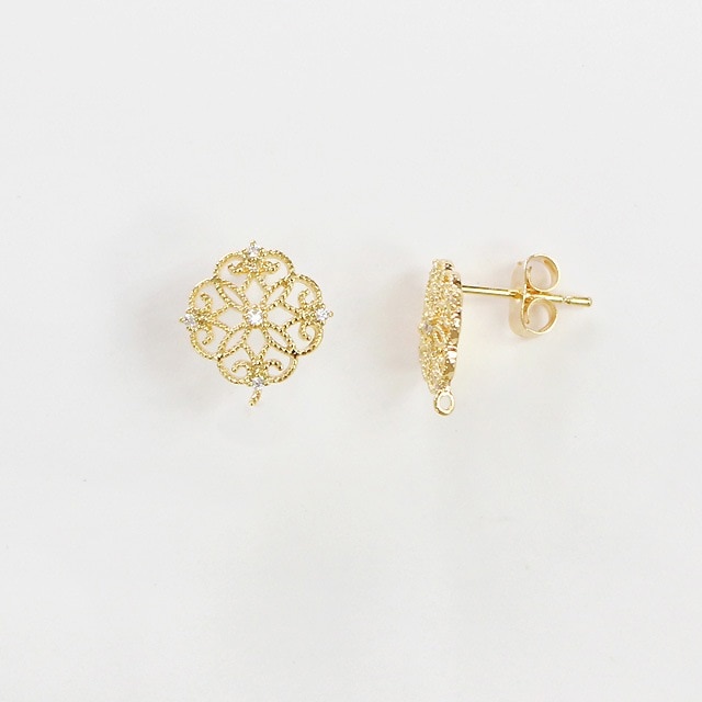 2210631BRE 真鍮製(ポスト：ステンレス製)ピアス CZ カン付 キャッチ付 ゴールド 13.5×12.0×12.5mmポスト線径0.7mm 1ペア