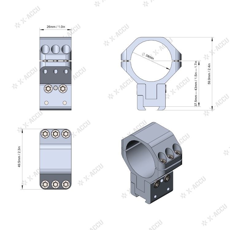 �٥��������ץƥ����� X-ACCU 34mm ����١������Ĵ���� �ɥ֥ƥ����� ��� Vector Optics X-ACCU 34mm Adjustable Elevation Dovetail Rings XASR-3055