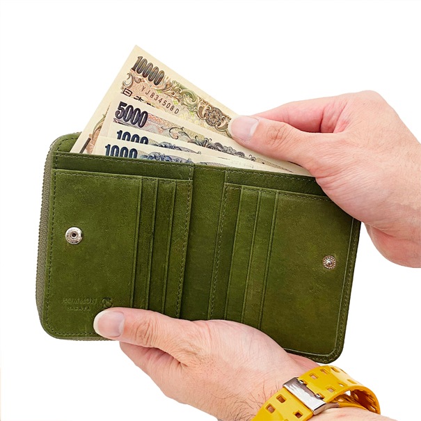 ファスナー二つ折り財布 ゴート（ブラウン） ホース（カーキ