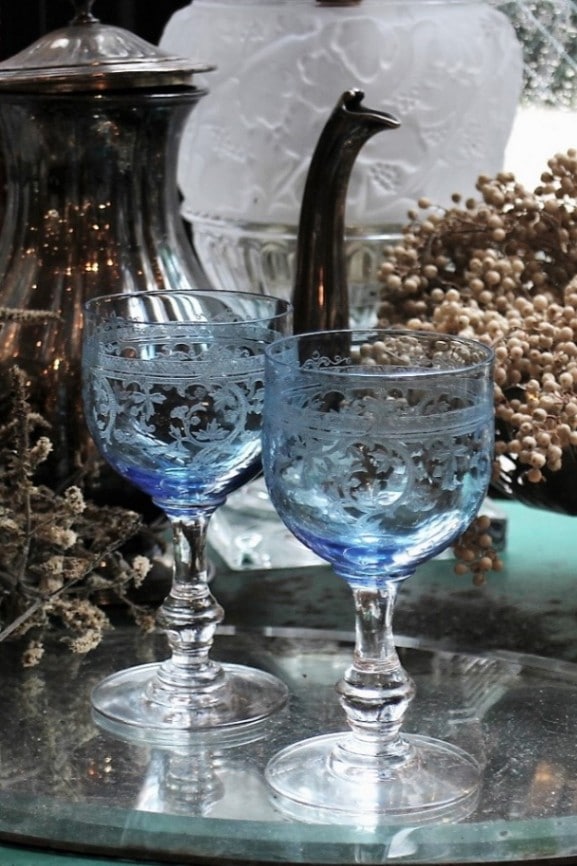 サンルイ 「オールド・シスル？」　ブルー高脚ワイングラス　ペア サンルイ 「オールド・シスル？」 ブルー高脚ワイングラス ペア