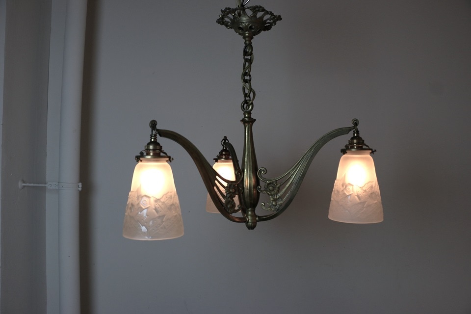フランス ミューラー アールデコ ブロンズ3灯シャンデリア 5891_5832