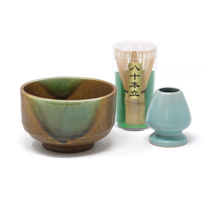 茶道具 セット 源氏抹茶碗 神代グリーン掛け 3点セット 抹茶碗 くせ