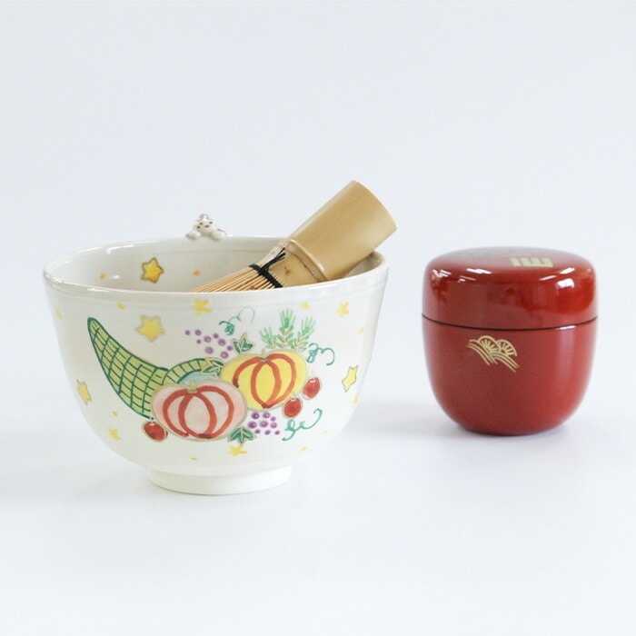 茶道具 抹茶茶碗 東山深山 色絵 収穫祭（縁付）（z） 送料無料
