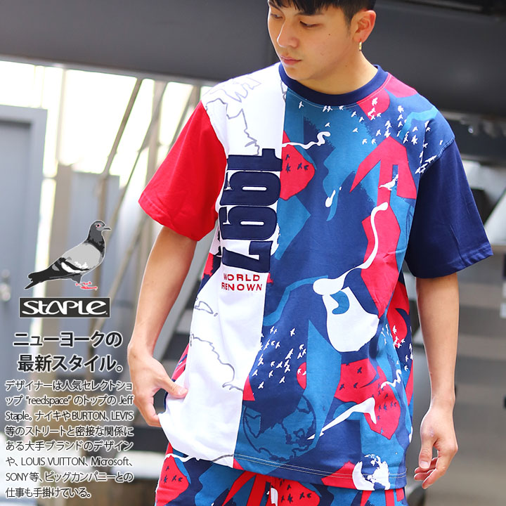Staple Tシャツ 半袖 メンズ レディース 春夏用 紺 M 2xl 大きいサイズ ビッグシルエット ステイプル かっこいい おしゃれ 総柄 切替 スポーツ 90年代風 刺繍 B系 ヒップホップ ストリート系 ハイ ブランド 服 新作 2102c6435 本格派大人のb系 公式通販