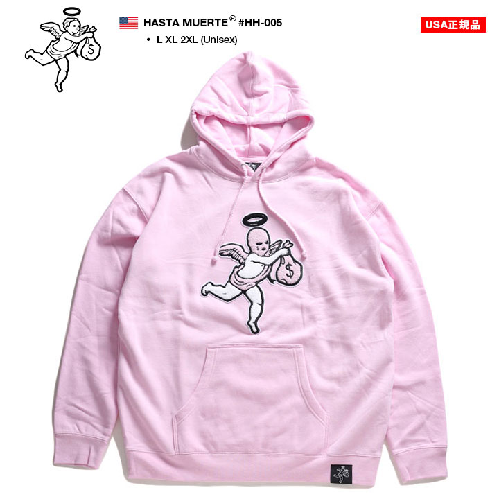 Hasta Muerte パーカー ブランド スケボー 長袖 スウェット 裏起毛 メンズ ピンク 大きいサイズ ハスタ ムエルテ フードパーカー おしゃれ かっこいい シンプル 刺繍 天使 ドル柄 ギャング B系 ヒップホップ 22秋冬 新作 Hh005 本格派大人のb系 公式通販