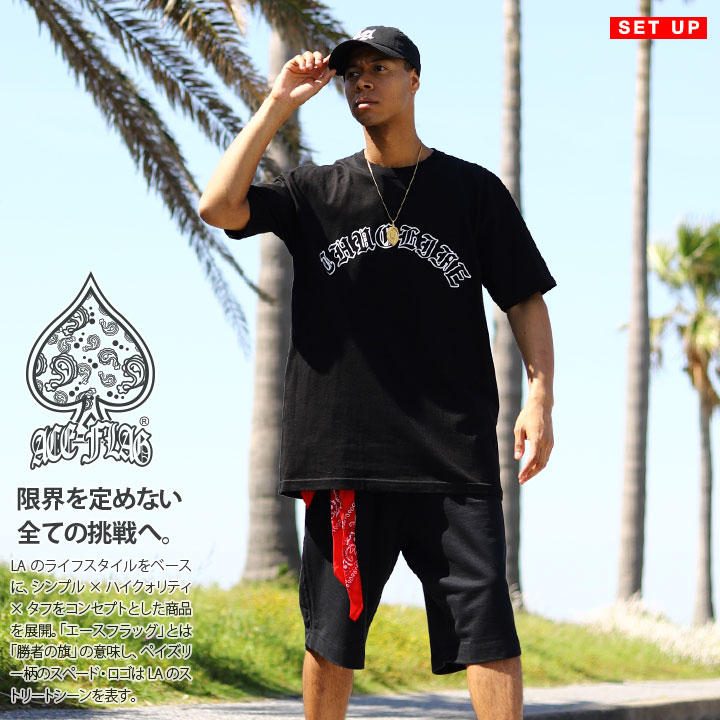 黒セットアップ 黒 半袖 メンズ ACE FLAG 上下セット 半袖 ブランド T 