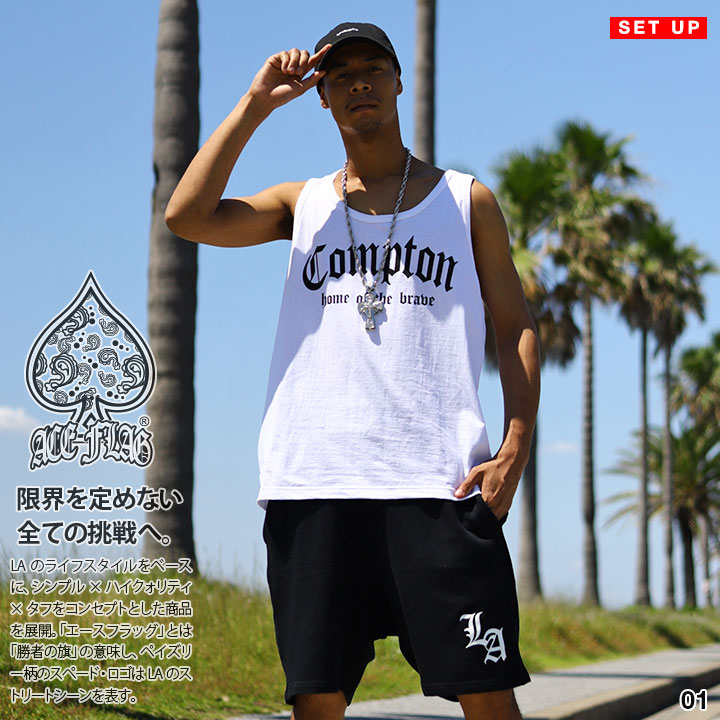 ACE FLAG 上下セット ブランド ノースリーブ Tシャツ タンクトップ ハーフパンツ メンズ 春夏用 黒 白 大きいサイズ エースフラッグ セットアップ Compton コンプトン ビッグシルエット b系 ヒップホップ ストリート系 ハイ 新作 AF-SE-TK-036 ACE FLAG 上下セット ブランド ノースリーブ Tシャツ タンクトップ