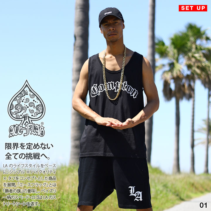 ACE FLAG 上下セット ブランド ノースリーブ Tシャツ タンクトップ ハーフパンツ メンズ 春夏用 白 黒 大きいサイズ エースフラッグ セットアップ シンプル Compton コンプトン ビッグシルエット b系 ヒップホップ ストリート系 ハイ 新作 AF-SE-TK-046 ACE FLAG 上下セット ブランド ノースリーブ Tシャツ タンクトップ