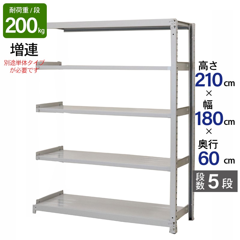 スチールラック 業務用 高さ210 幅180 奥行60cm 天地 5段 増連 軽中量 ATS型 耐荷重 200kg/段 収納棚 棚 スチール棚 ラック 日本製 アサカ ホワイト グレー 大型収納 店舗 倉庫 整理棚 事務所 物品棚 バックヤード 強力 組立ラック