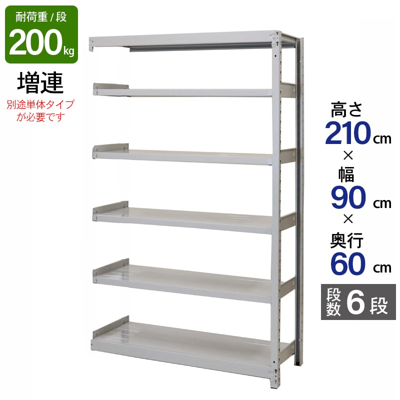 スチールラック 業務用 高さ210 幅90 奥行60cm 天地 6段 増連 軽中量 ATS型 耐荷重 200kg/段 収納棚 棚 スチール棚 ラック 日本製 アサカ ホワイト グレー 大型収納 店舗 倉庫 整理棚 事務所 物品棚 バックヤード 強力 組立ラック