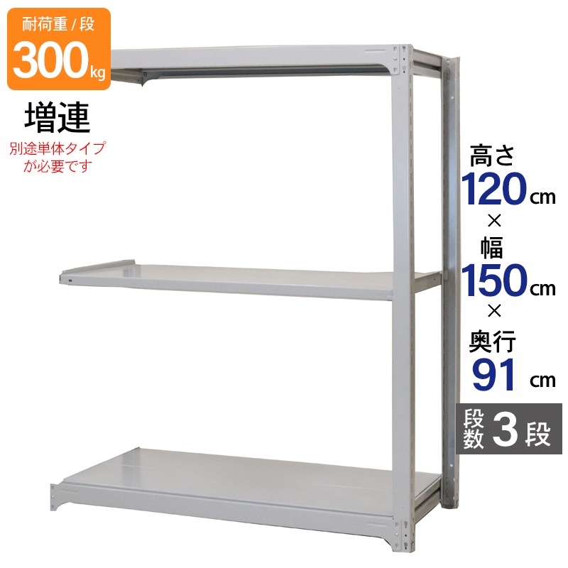 スチールラック 業務用 高さ120 幅150 奥行91cm 天地 3段 増連 中量 AMBL型 耐荷重 300kg/段 収納棚 棚 スチール棚 ラック 日本製 アサカ ホワイト グレー 大型収納 店舗 倉庫 整理棚 事務所 物品棚 バックヤード 強力 組立ラック