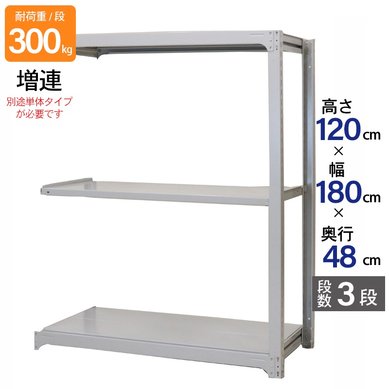 スチールラック 業務用 高さ120 幅180 奥行48cm 天地 3段 増連 中量 AMBL型 耐荷重 300kg/段 収納棚 棚 スチール棚 ラック 日本製 アサカ ホワイト グレー 大型収納 店舗 倉庫 整理棚 事務所 物品棚 バックヤード 強力 組立ラック