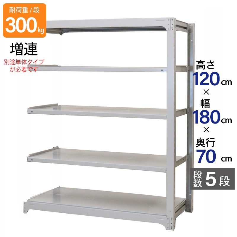 スチールラック 業務用 高さ120 幅180 奥行70cm 天地 5段 増連 中量 AMBL型 耐荷重 300kg/段 収納棚 棚 スチール棚 ラック 日本製 アサカ ホワイト グレー 大型収納 店舗 倉庫 整理棚 事務所 物品棚 バックヤード 強力 組立ラック