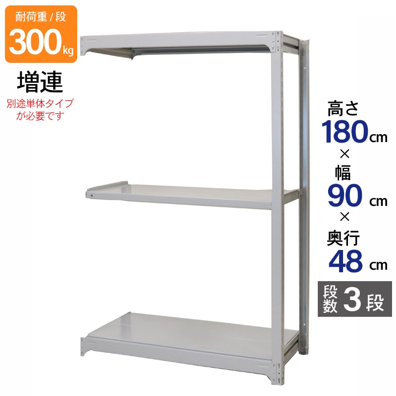 スチールラック 業務用 高さ180 幅90 奥行48cm 天地 3段 増連 中量 AMBL型 耐荷重 300kg/段 収納棚 棚 スチール棚 ラック 日本製 アサカ ホワイト グレー 大型収納 店舗 倉庫 整理棚 事務所 物品棚 バックヤード 強力 組立ラック