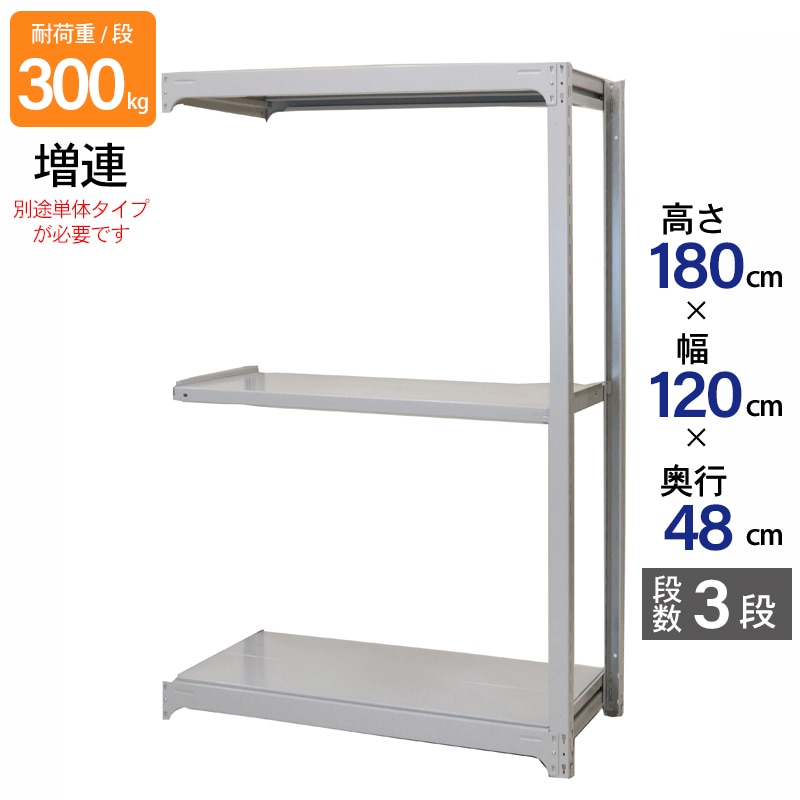 スチールラック 業務用 高さ180 幅120 奥行48cm 天地 3段 増連 中量 AMBL型 耐荷重 300kg/段 収納棚 棚 スチール棚 ラック 日本製 アサカ ホワイト グレー 大型収納 店舗 倉庫 整理棚 事務所 物品棚 バックヤード 強力 組立ラック