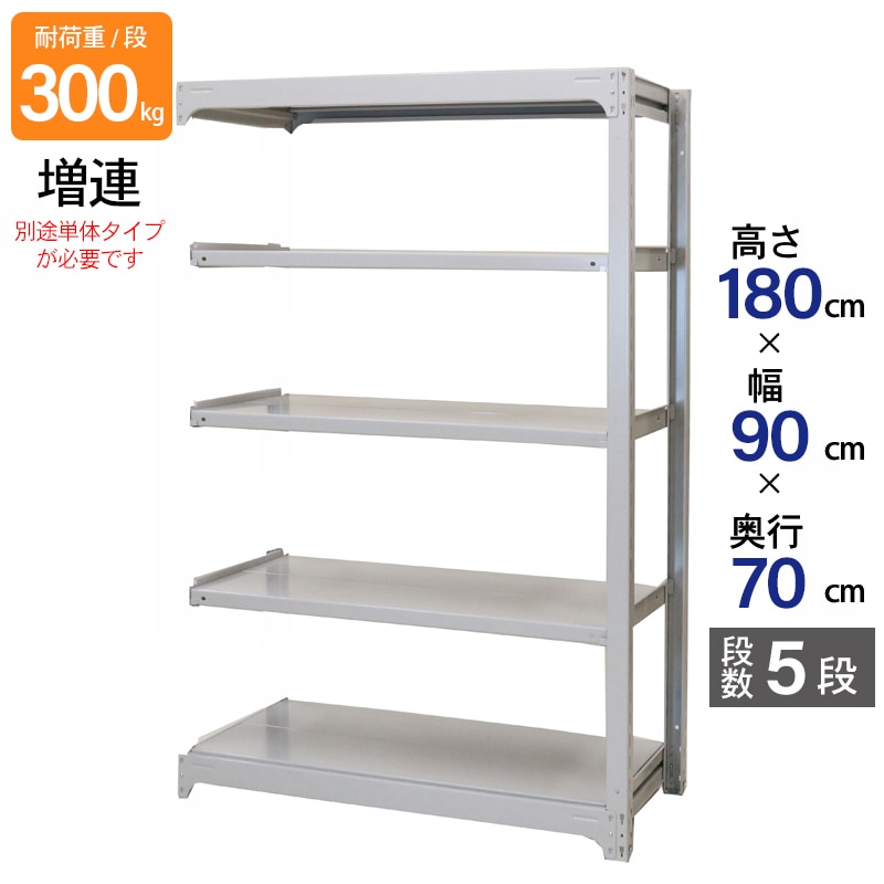 スチールラック 業務用 高さ180 幅90 奥行70cm 天地 5段 増連 中量 AMBL型 耐荷重 300kg/段 収納棚 棚 スチール棚 ラック 日本製 アサカ ホワイト グレー 大型収納 店舗 倉庫 整理棚 事務所 物品棚 バックヤード 強力 組立ラック